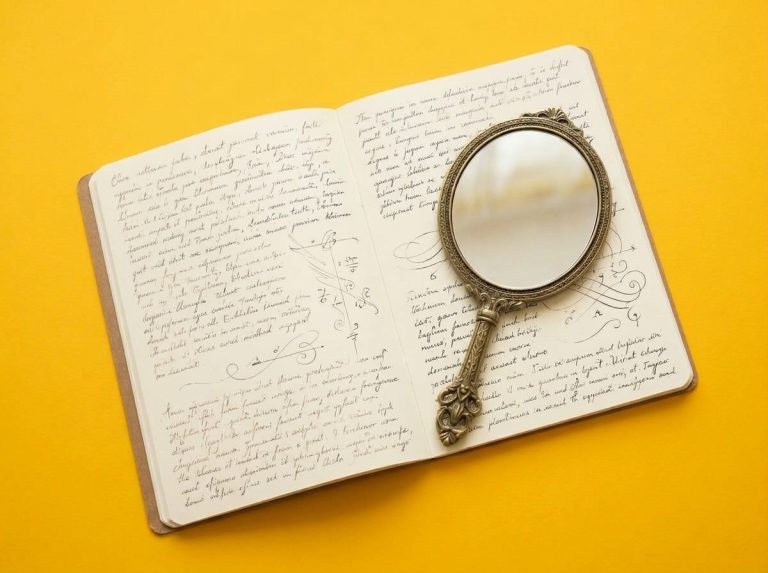 Antique hand mirror lying on a notebook full of handwriting, on a saffron background