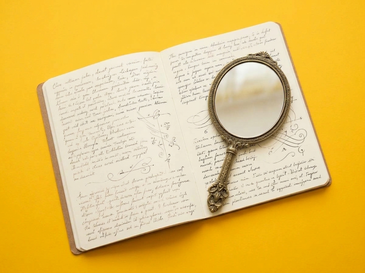 Antique hand mirror lying on a notebook full of handwriting, on a saffron background