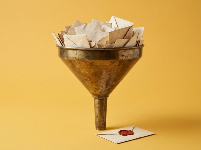 Brass funnel overflowing with envelopes, with a single sealed envelope below the spout, on a saffron background