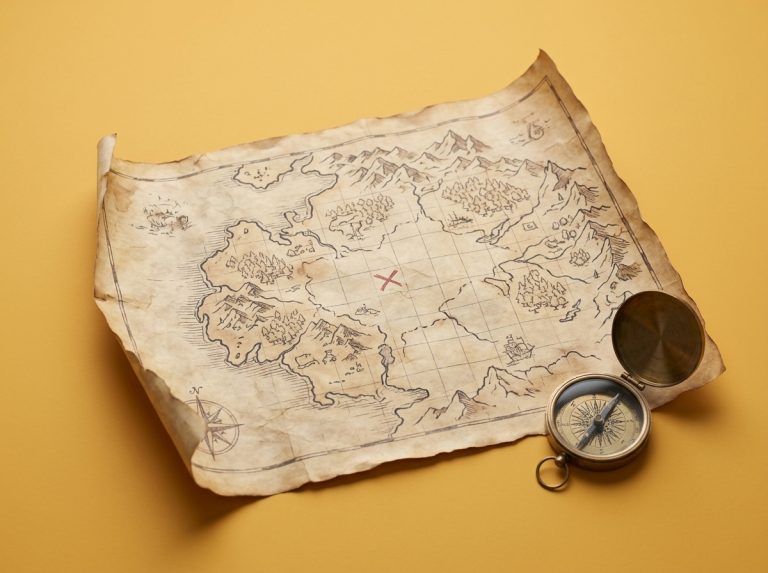 Old treasure map with a grid and a red X on a saffron background