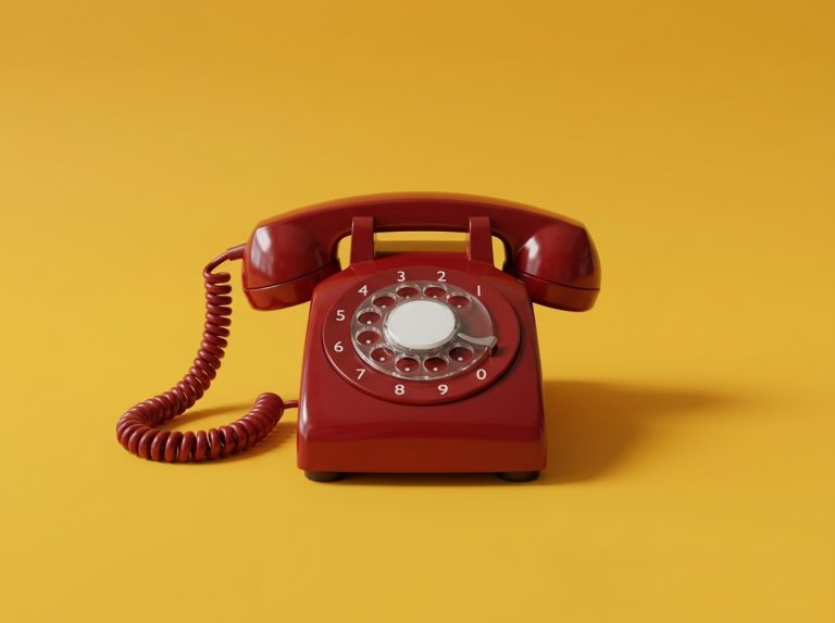 Vintage red rotary telephone on a saffron background