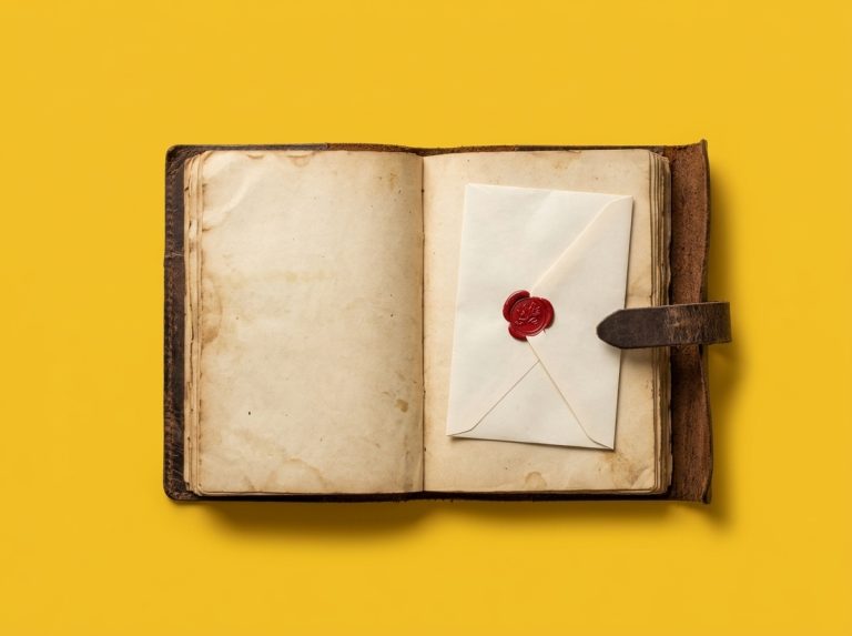 Open leather diary with a wax-sealed envelope on a saffron background
