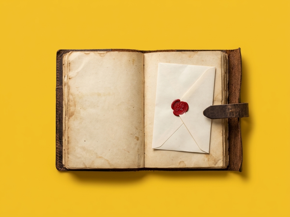 Open leather diary with a wax-sealed envelope on a saffron background