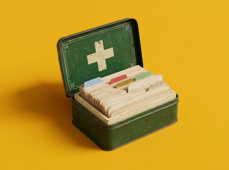 Vintage green first-aid tin full of index cards with colored tabs, on a saffron background