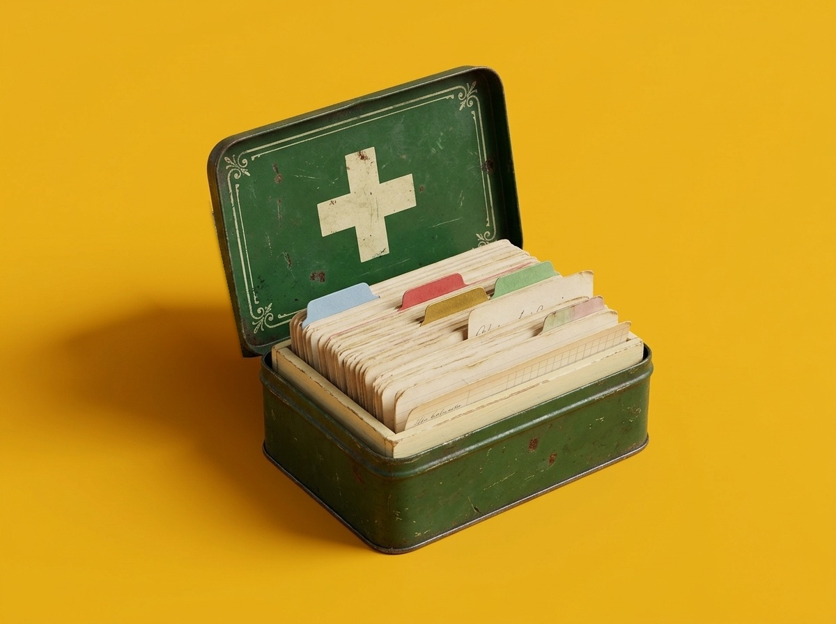 Vintage green first-aid tin full of index cards with colored tabs, on a saffron background