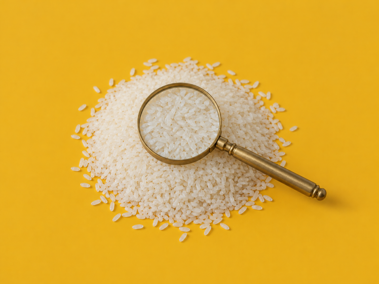 Golden magnifying glass over rice grains on a saffron background